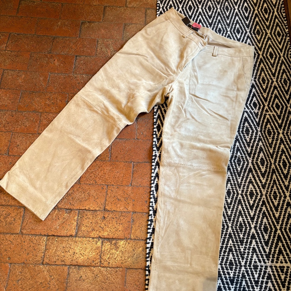 Faconnable Beige Suede Leather Pants | Women’s Size 12 (EU 46) | Luxury